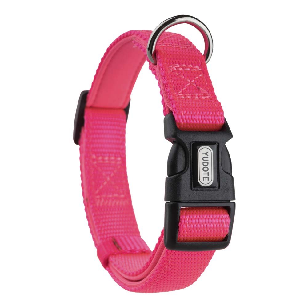 YUDOTE Adjustable Nylon Dog Collar with Soft Neoprene Padding for Medium Sized Dogs Neck 30-47cm Neon Pink
