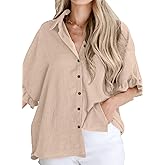 Astylish Women's Button Down Shirts Ruffle Short Sleeve V Neck Wrinkled Dressy Blouse Tops