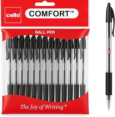 Cello Comfort Ballpoint Pens Premium Retractable 1.0mm Black Ink Pack of 12