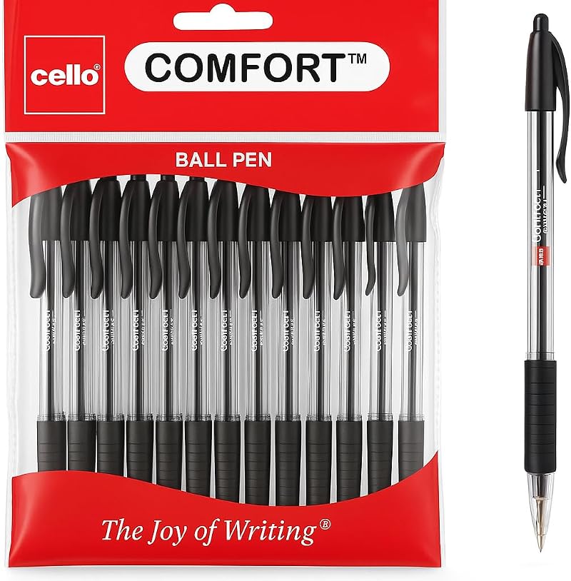 Cello Comfort Ballpoint Pens Premium Retractable 1.0mm Black Ink Pack of 12