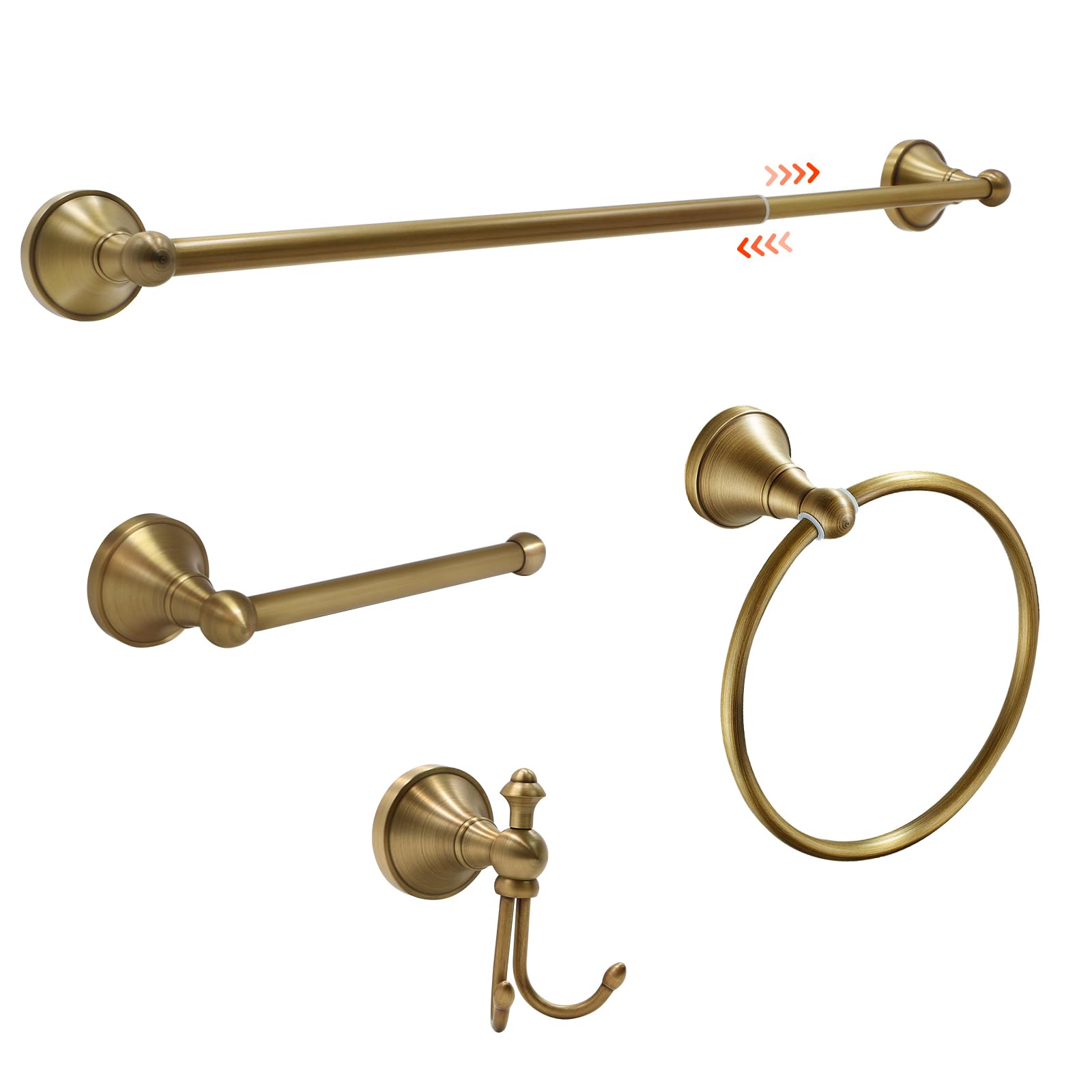 Photo 1 of 4 Piece Antique Brass Gold Bathroom Towel Bar Set - Toocust 16"-27.7" Adjustable Towel Bar for Bathroom, Wall Mounted Antique Brass Bathroom Hardware, Brushed Brass Towel Holder