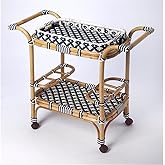 Beaumont Lane Rattan Bar Cart, Blue and White Finish, PE Plastic Weave with Casters, Removable Tray, 34.5 in Wide, Transition