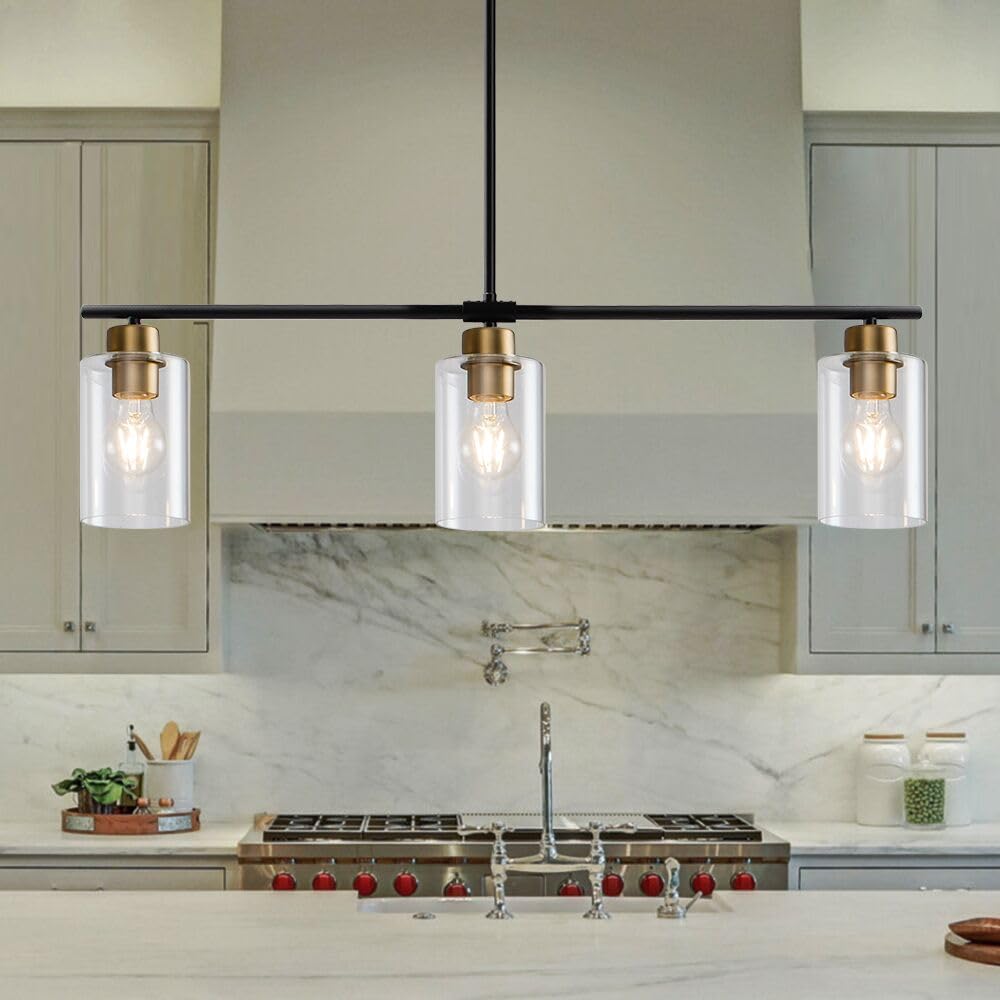 Photo 1 of HuisMier Kitchen Island Lighting, 3 Lights Linear Farmhouse Chandelier, Black and Gold Dining Room Light Fixture with Glass Shades, Modern Pendant Light Fixture for Kitchen Island Living Room Foyer