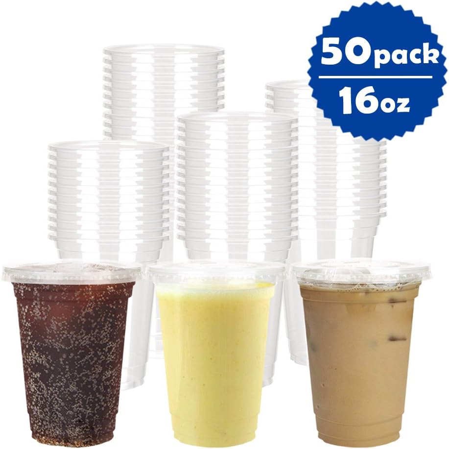 OTOR 16oz Clear Plastic Cups with Flat Lids - 50 Sets - Disposable Drink Party Cups, Polypropylene (PP)