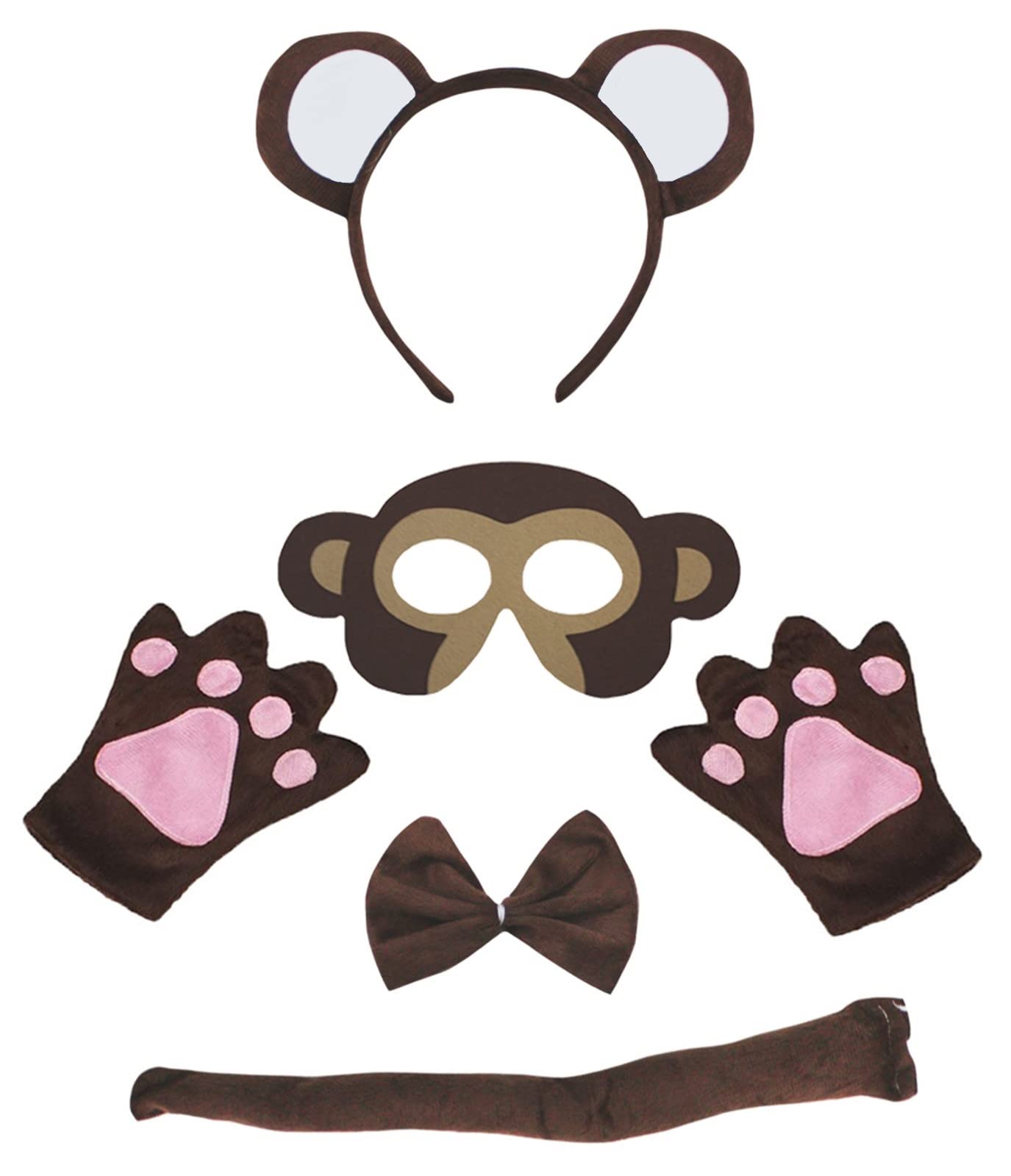 Petitebelle Animal Headband Bowtie Tail Gloves Mask 5pc Children Costume 1-5y (Monkey)