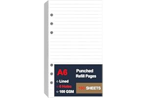 PPCSDQKJGS A6 Lined Paper Refill 6 Ring, A6 Filler Paper for Filofax Personal Binder Planner, 100gsm Ruled Pages, 6 Hole Punched, 100 Sheets/200 Pages, 3.75 x 6.75 Inch