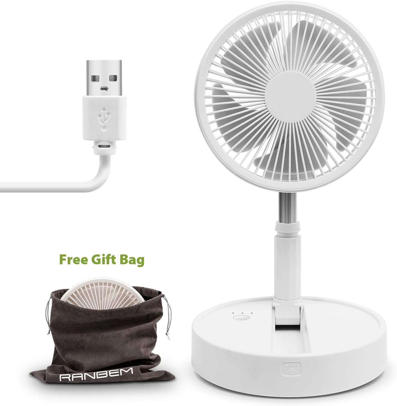 Foldaway Rechargeable Standing Fan Battery Operated 8'' for Camping, Fishing, home, Office, Outdoor Activities, 3 Speed Modes 7200 MAH with Folding Telescopic Link 39 Inch Height (WHITE): Kitchen & Dining