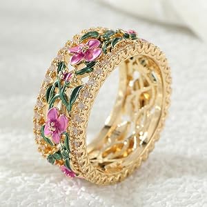 Ladies' Fashionable Countryside Style Ring with Hollowed Out Colorful Floral Design Inlaid with Synthetic Zircon, Versatile R