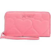 Betsey Johnson Quilted Heart Zip Around Wallet with Wristlet, Pink, 8x5 Inches, Card Slots and Interior Pockets