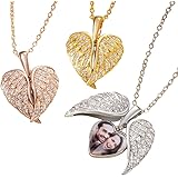 Sterling Silver Angel Wings Locket Necklace with Custom Photo for Women Heart Angel Wing Picture Pendant Necklace for Her Per
