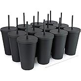 STRATA CUPS Classsic Black Tumblers with Lids (12 pack) - 16oz Colored Acrylic Cups with Lids and Straws | Double Wall Matte Plastic Bulk Tumblers With FREE Straw Cleaner! Customizable DIY Gifts