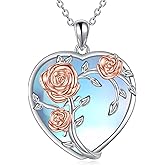 YAFEINI Moonstone Rose Flower Necklace Sterling Silver Butterfly Pendant Necklace Valentine's Day Rose Shaped Jewelry Gifts for Women Girlfriend Her Girls