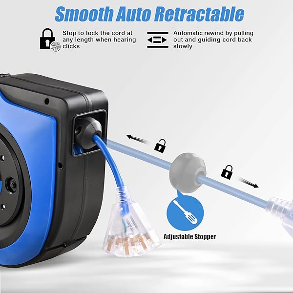 SURAIELEC RETRACTABLE EXTENSION CORD REEL, 75 FT 14 AWG/3C SJTOW POWER CORD, 3 OUTLETS TRIPLE TAP, 10 AMP CIRCUIT BREAKER, CEILING/WALL MOUNT, UL LISTED