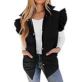 Valphsio Women's Puffer Vests Ruffle Sleeve Winter Button Down Padded Gilet with Pockets