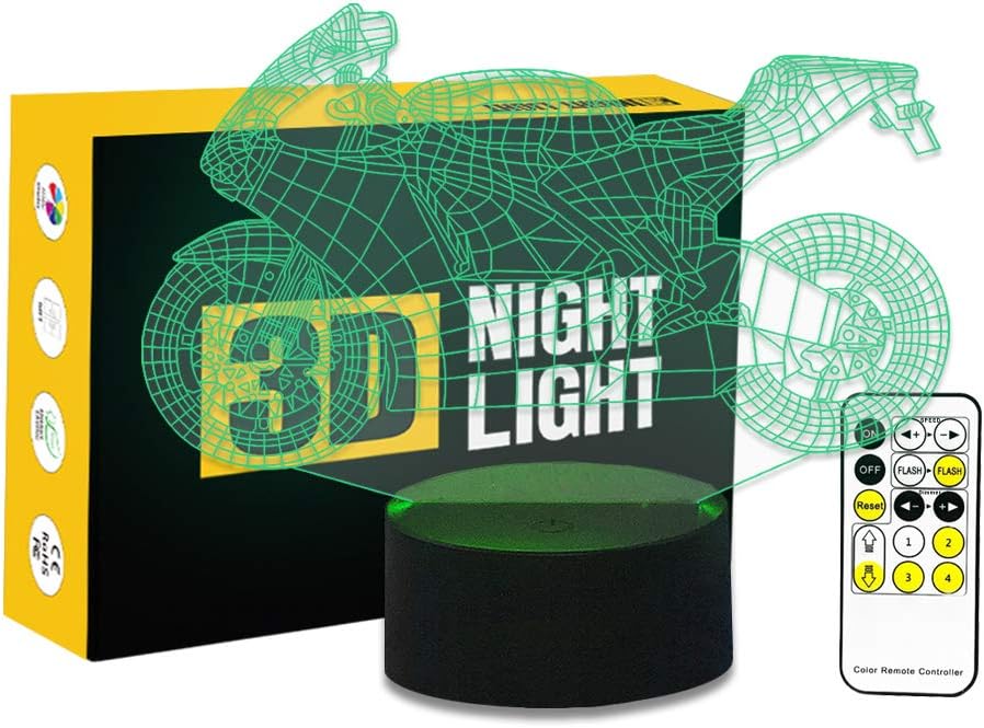 Cirkooh Motorbike Motorcycle 3D Optical Illusion Desk Lamp 7 Colors Change Remote Control and Touch Button LED Night Light