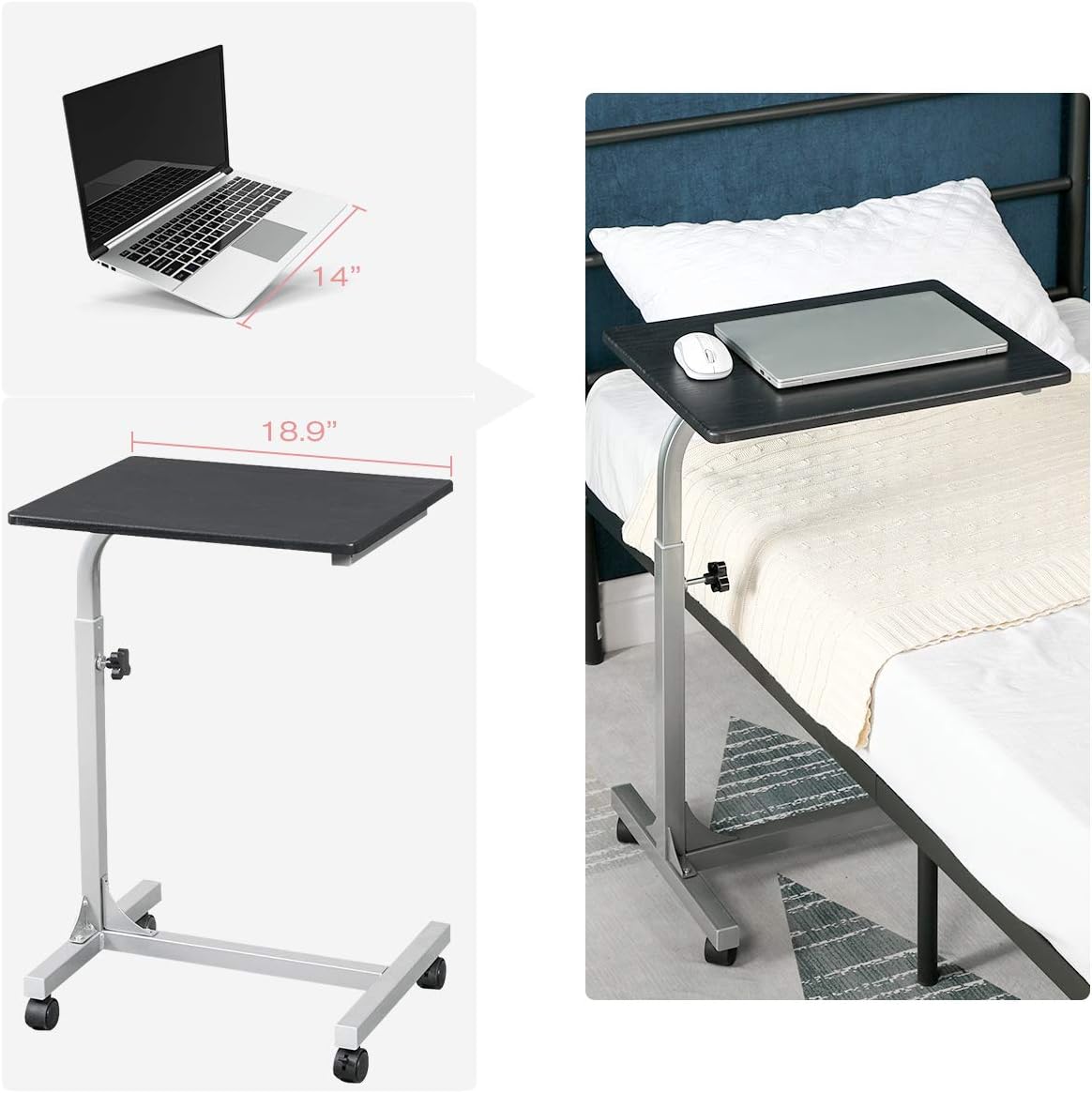 Coavas Over Bed Table C Side Rolling Table with Lockable Wheels, Medical Portable Notebook Laptop Desk 3 Adjustment Levels, TV Tray Table for Eating Breakfast, Black (18.9x14.6x26.4-31.1 inch): Kitchen & Dining