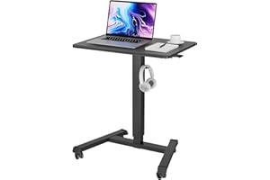BONTEC Mobile Standing Desk Adjustable Height, Rolling Laptop Cart with Hook, Portable Workstation with Pneumatic Lift, Ergonomic Table with Wheels, Compact Home Office Desk, Black 25.6" x 17.7"