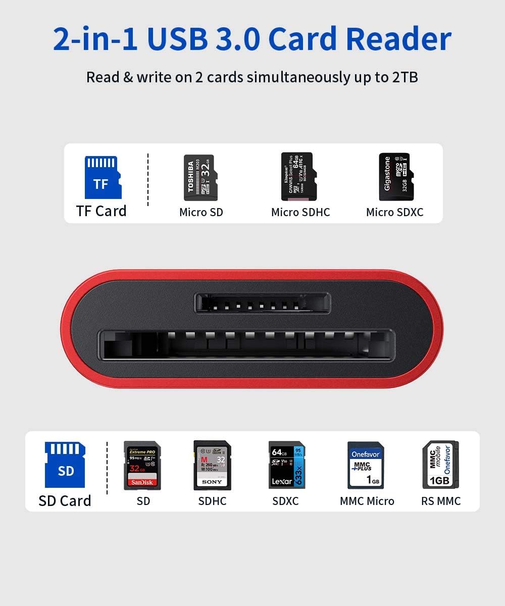 SD Card Reader USB 3.0 [2-in-1], JSAUX Dual Flash Memory Card Adapter for TF, SD, Micro SD, SDXC, SDHC, MMC, RS-MMC, Micro SDXC, Micro SDHC, UHS-I, Plug and Play, Read 2 Cards Simultaneously -Red: Computers & Accessories