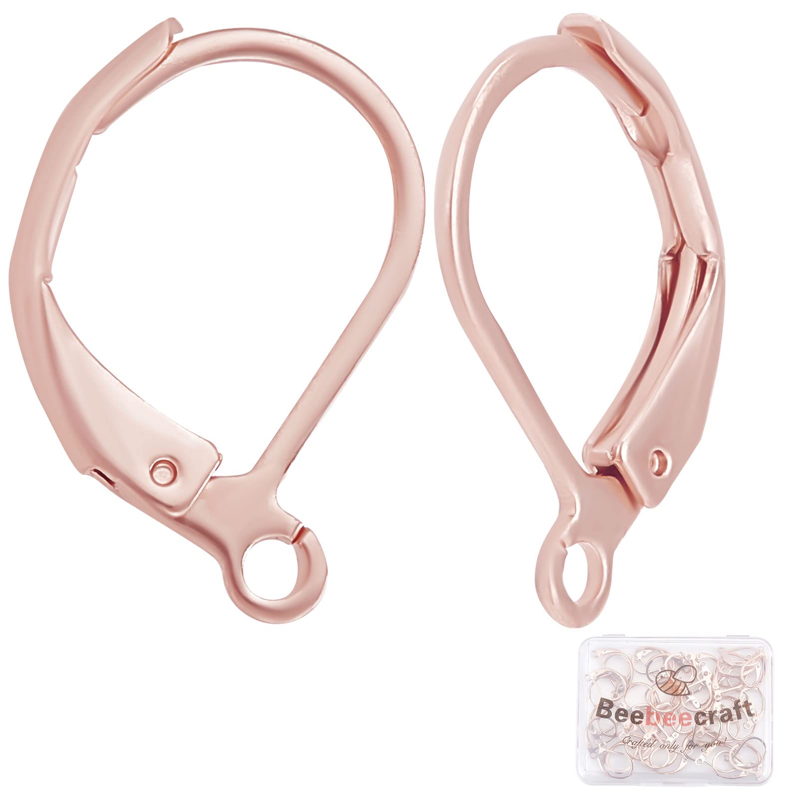 Beebeecraft 50Pcs/Box Leverback Earring Findings Stainless Steel French Earring Hooks 15.5x10mm Ear Wire Clip Earring Connector Rose Gold for Jewellery Making — image 1