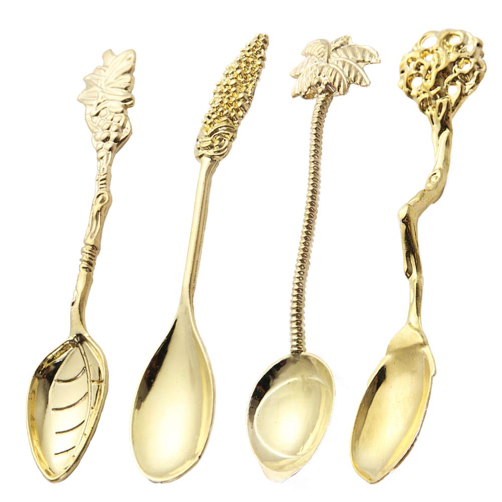 Fun Teaspoon Set, Gold Royal Tea Spoon Gift Coffee Spoons in Coconut Tree/Leaves/Branches/Mulberry Shape for Dessert Sugar Ice Cream(4 pcs)