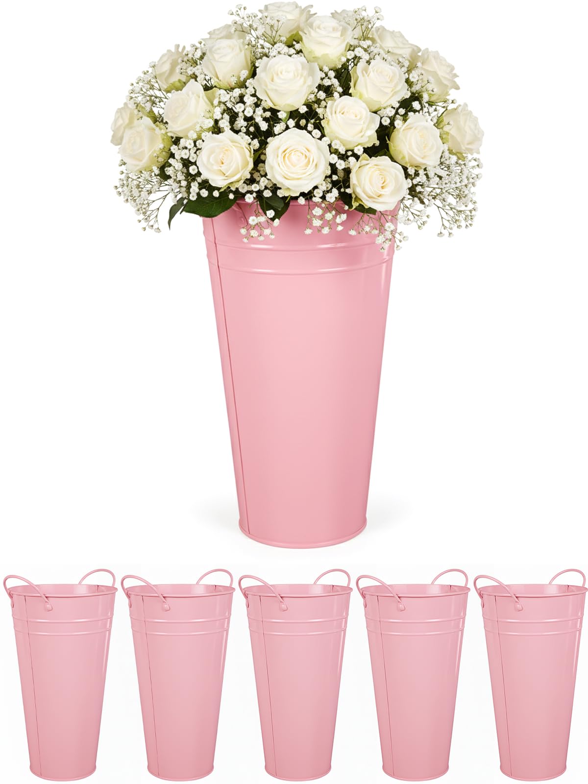 Photo 1 of *ONLY 5* EYUNSTAR Flower Bucket for Flower Bar, 6 Pcs 10.2 Inch Metal Vases with Handles, Leak-Proof Pink French Buckets for Wedding Centerpieces, Farmhouse Party & Rustic Home Decor