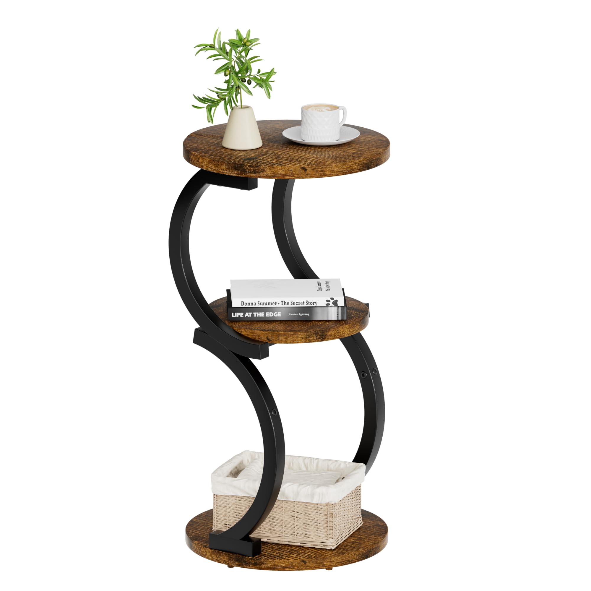 Photo 1 of Small Side Table, 3-Tier Round End Table for Living Room, S-Shaped Accent Table for Small Spaces Sofa Couch Bedroom, Vintage Nightstand Wood Metal Coffee Table with Storage Shelf, Rustic Brown