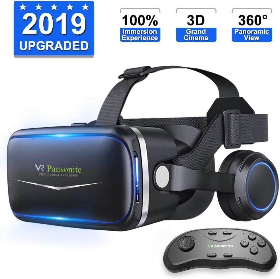 [ 2019 New Version ] Upgraded & Lightweight Virtual Reality Headset with Stereo Headphone,Eye Protected HD Vr Headset with Remote Controller for 3D Movies and Games