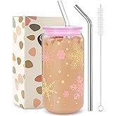 Kihraw Snowflake Glasses Cups Winter Stemless Drinking Glasses Snowflake Glass Holiday Tumbler Cups Gifts for Winter Xmas Coffee Tea Party Supplies Iced Coffee Cup with 2 Straw Cleaning Brush