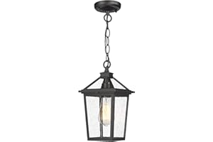 zeyu Farmhouse Outdoor Ceiling Hanging Light, 12 Inch Industrial Pendant Light Fixture for Front Porch, Die-Cast Aluminum in Black Finish with Seeded Glass, ZX58H BK