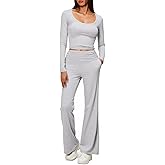iGENJUN Women's 2 Piece Sets Long Sleeve Square Neck Low Rise Flare Leggings Sets Yoga Sweatsuit Tracksuits Lounge