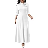 FANDEE Maxi Dress for Women Long Elegant 3/4 Sleeve Empire Waist Bow Tie Neck Casual Church Dresses with Pockets