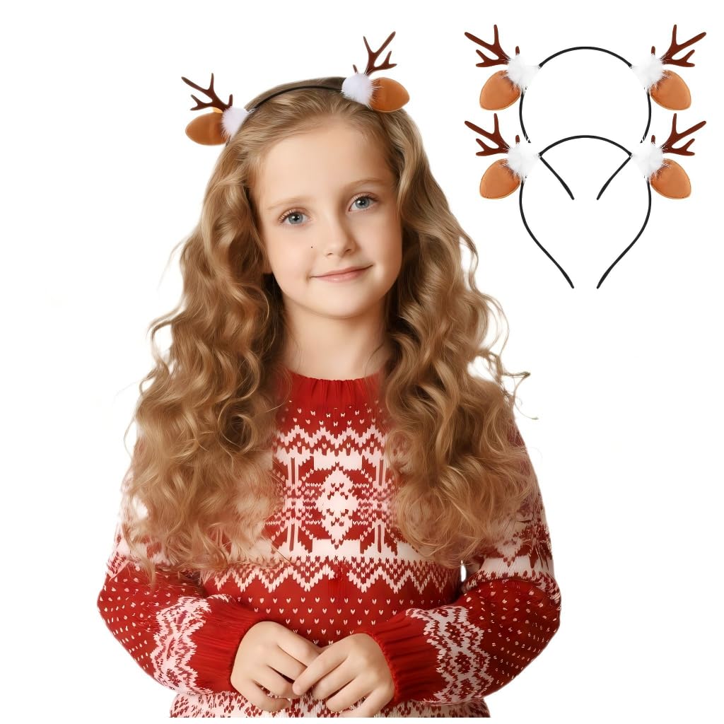 Reindeer Antlers Headband for Adults, Christmas Reindeer Ears Hairband, Plush Felt Deer Antlers Special Headband for Women, Xmas Party Costume Accessory Hair Band Haarreif Reh Geweih Rehohren 2Pcs