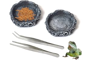 JOBEDE 2PCS Reptile Water Dish, Imitating Rock Design Reptile Food Bowl with Straight Curved Tweezers for Lizard Bearded Dragon Leopard Gecko Snake Hermit Crabs