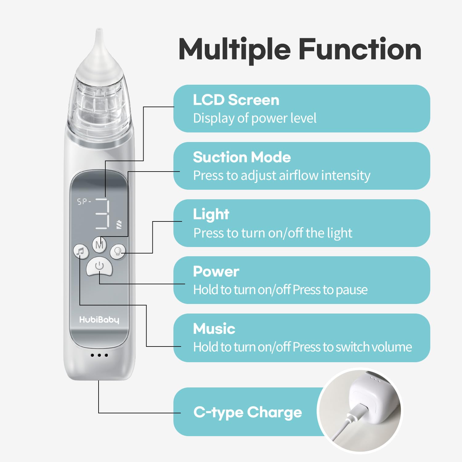 HubiBaby Nasal Aspirator for Baby, Electric Nose Aspirator, Nose Sucker, Automatic Nose Cleaner with 3 Silicone Tips, Adjustable Suction Level, Music and Light Soothing Function - FSA/HSA Eligible