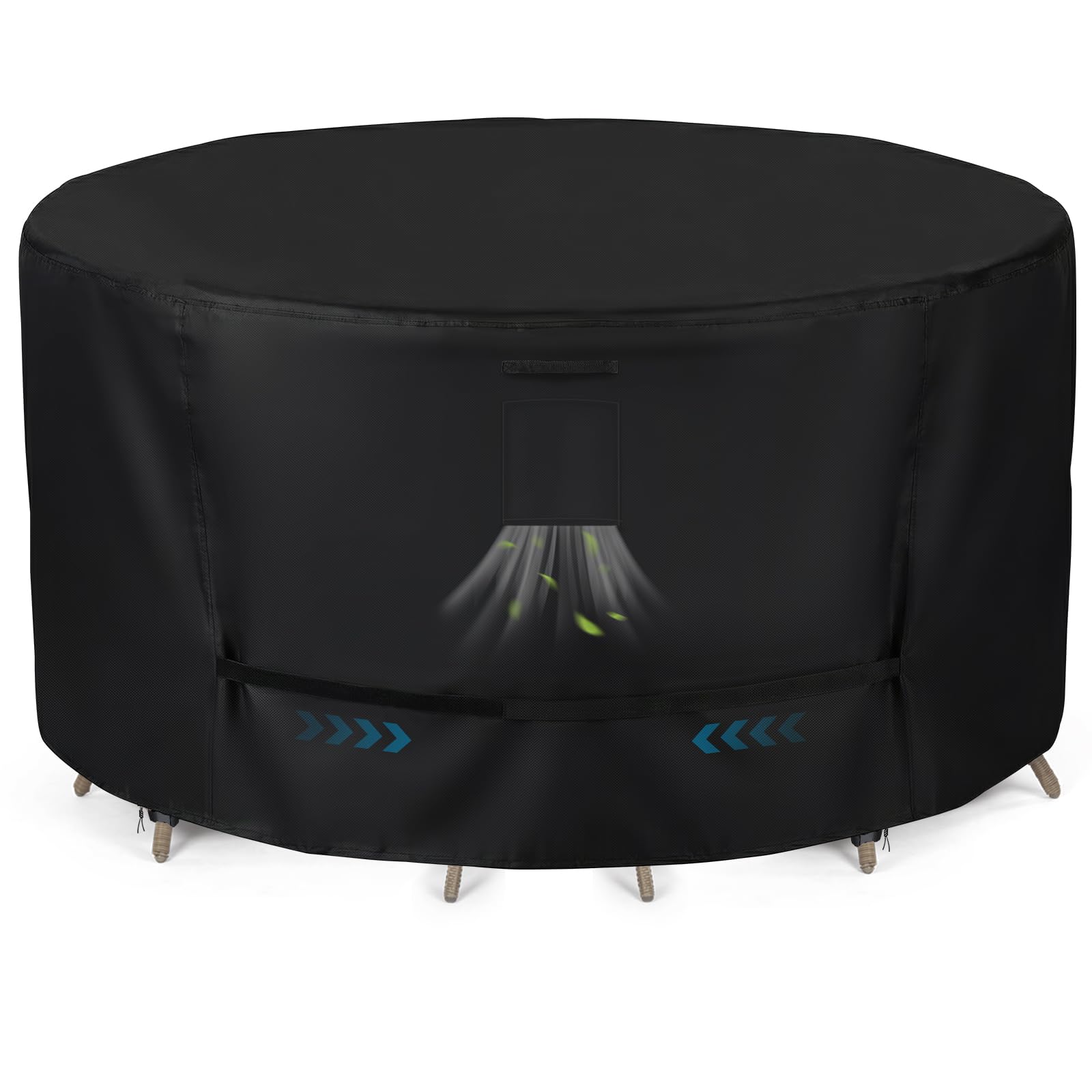 GARPROVM Garden Table Cover, Garden Furniture Cover Round Table with Vent, Handle, Strap, Buckle, Drawstring, 420D Oxford Patio Table Cover Waterproof, Windproof, Anti-UV (Black, 230x100cm)