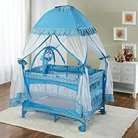 Big Oshi Portable Playard Deluxe Bundle - Nursery Center With Canopy Net Topper - Medium Size - Lightweight, Compact Design, Includes Carry Bag - Perfect for Indoor or Outdoor Backyard Use, Light Blue