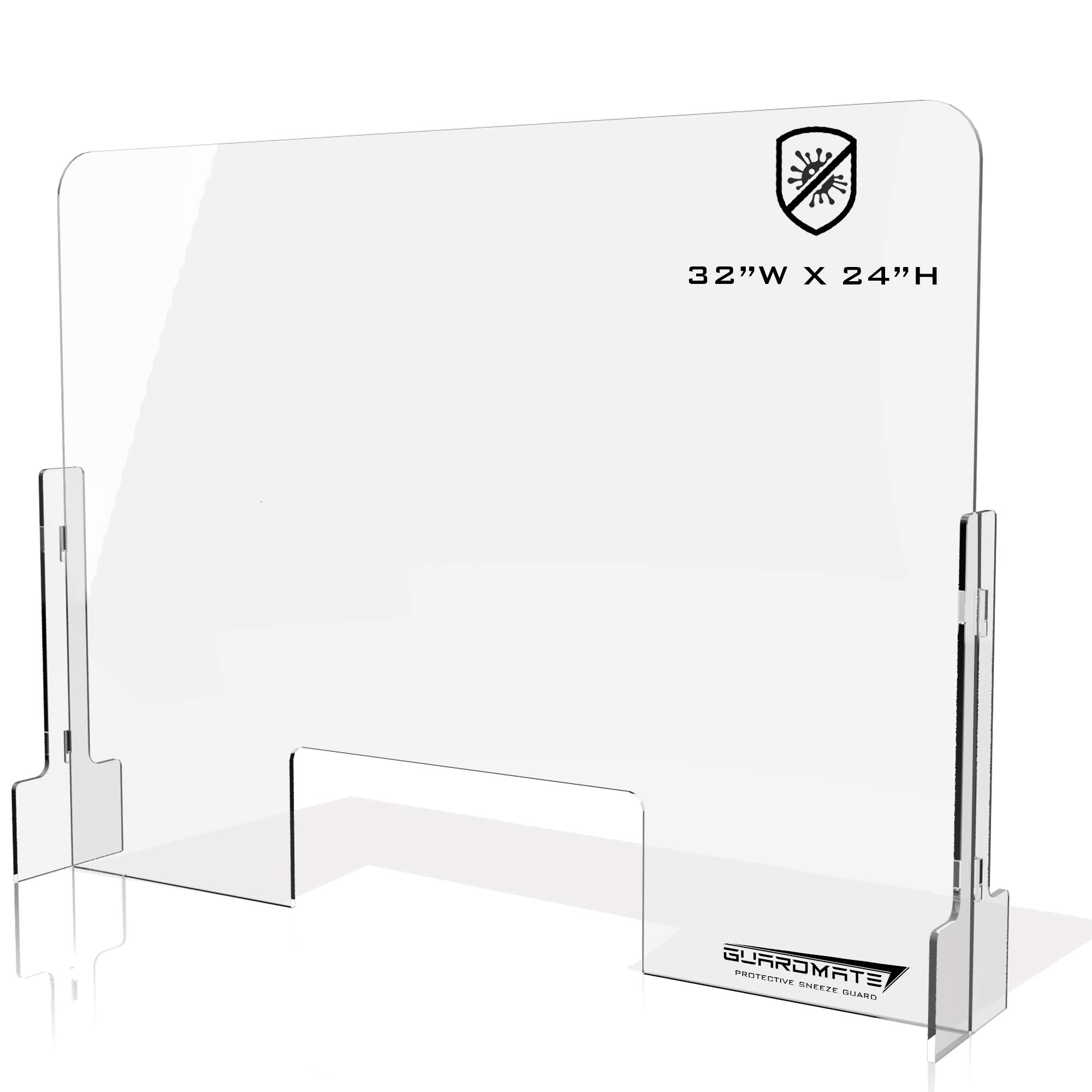 GuardMate Plexiglass Sneeze Guard DUAL LOCK Acrylic Protective Divider Protection Portable Plastic Barrier and Shield for Reception Desk Cashier Nail Salon Checkout Counter (32" Wide x 24" Tall)