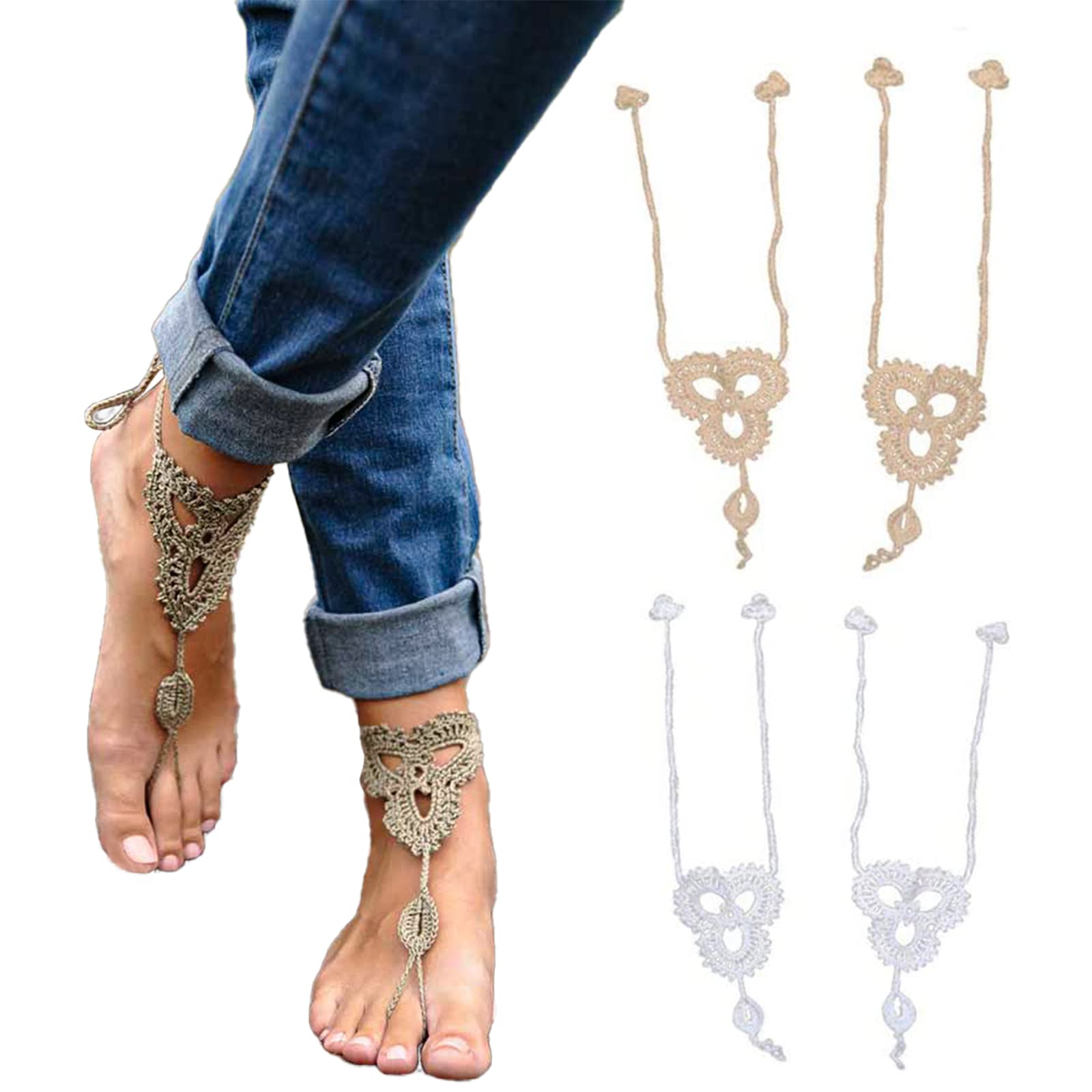 Women Barefoot Beach Sandals, Cotton Anklets Crochet Anklet Ethnic Anklet Beach Crochet Barefoot Sandals Foot Accessories for Women Girls - 2 Pairs