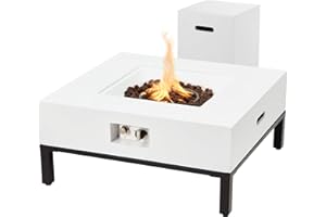 ECOTOUGE 2-Piece 32" Outdoor Square Propane Fire Pit Table with Tank Holder, 50,000 BTU Concrete Fire Table with Shelves, Patio Fire Pits with Auto-Ignition, Free Lava Rocks, Fits 20lb Tank, White