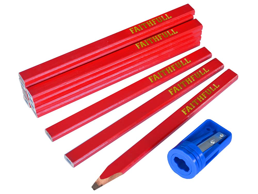 Faithfull Red Carpenter's Pencils Tube of 12 with Sharpener