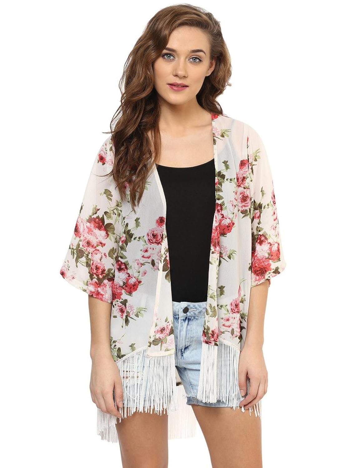 purys printed floral ivory fringe kimono
