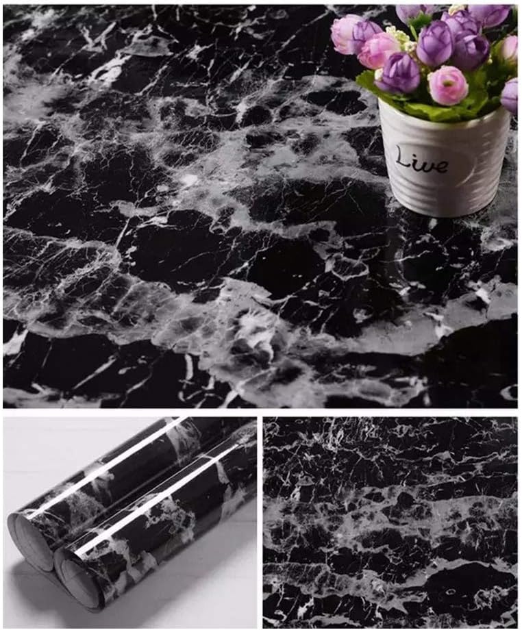 TJLMCORP—White Grey Black Brown Marble Contact Paper Table Door Sticker Self-Adhesive Film Peel-Stick Wallpaper Gloss Countertops Shelf Liner Sticker Gray Furniture Sticker (15.7"x78.7", Black)