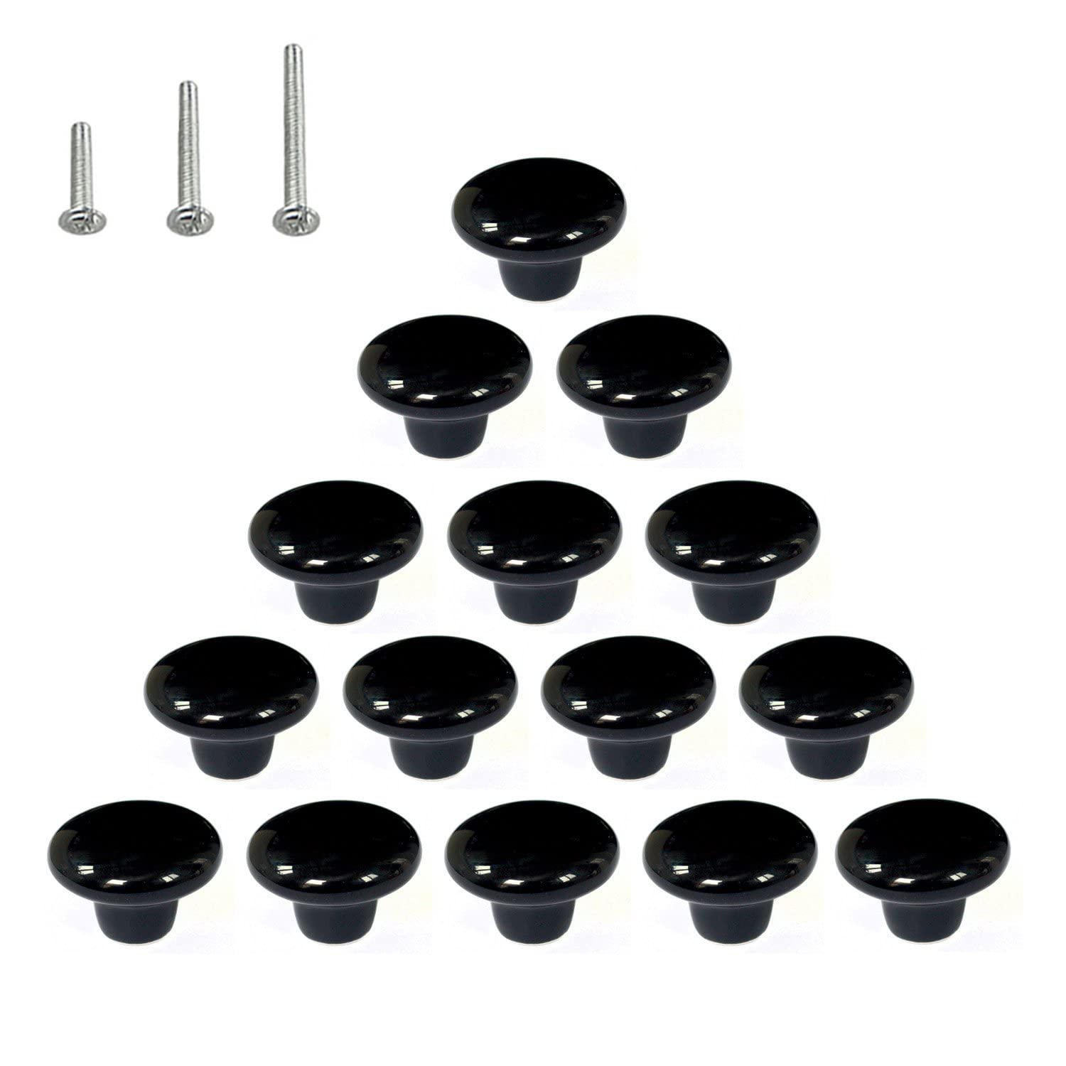 HUAMULAN 15PCS Black Glossy Ceramic Knobs Round Cabinet Dresser Pulls Door Handles Cupboard Wardrobe Drawer, Dia. 1.5 inch 38mm