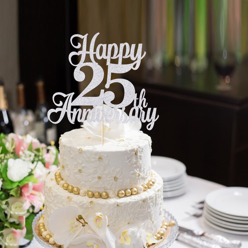 Photo 1 of Kaoenla Happy 25th Anniversary Cake Topper - Silver Wedding Party Decor?25th/twenty-five marriage/Company Anniversary?25 Birthday Party Decor