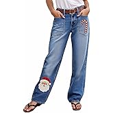 HBDHEJL Christmas Women's Wide Leg Jeans Santa Candy Cane Embroidered Jeans High Waisted Xmas Holiday Denim Pants with Pocket
