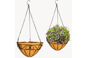 THIKDIKAKT 2 pack Metal Hanging Planter Basket with Coco Liner Chain Round Wire Plant Holder Flower Pots Hanger Garden Decoration Porch Decor Watering Hanging Baskets Indoor Outdoor (10in S Shape Black)
