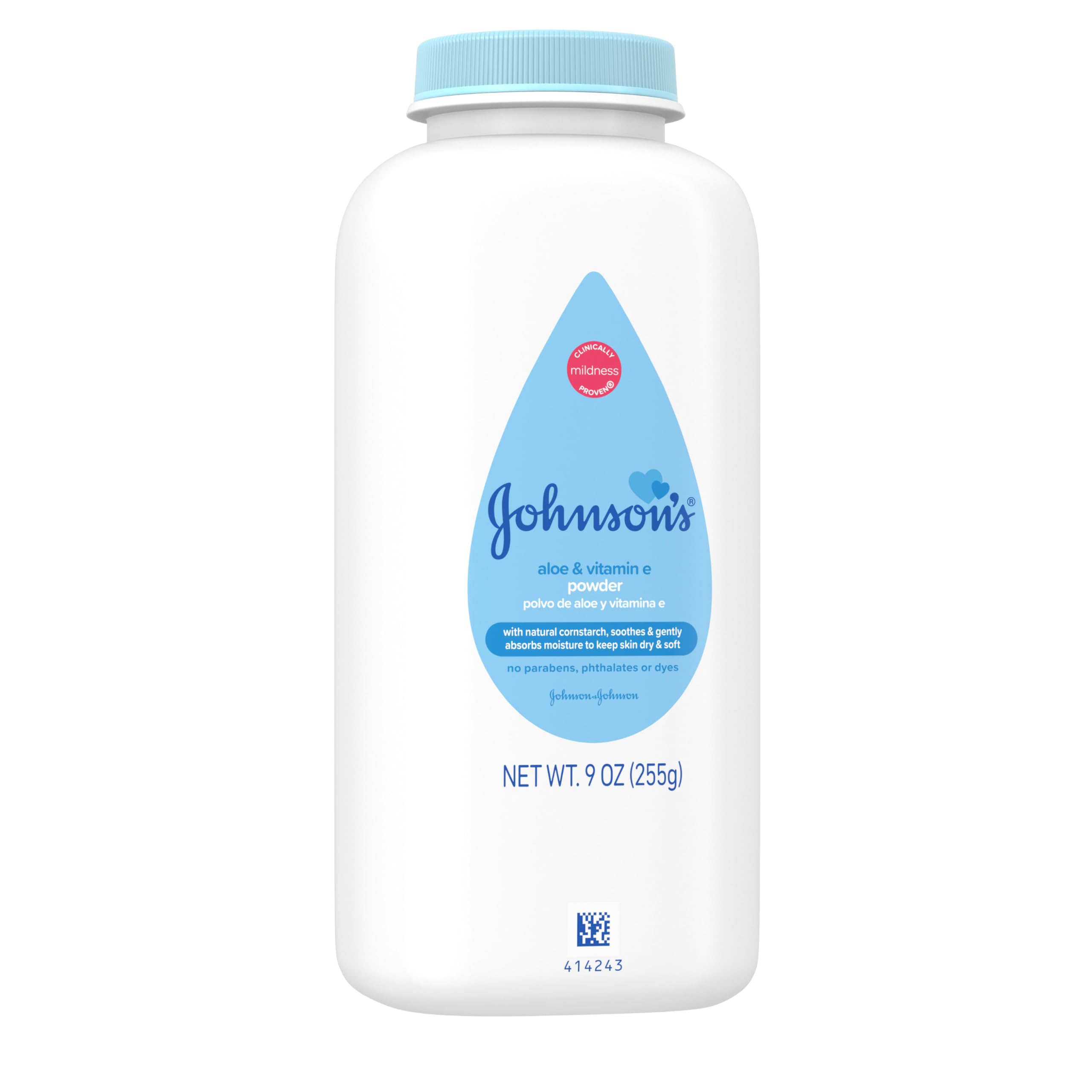 Johnson's Naturally Derived Cornstarch Baby Powder, Aloe & Vitamin E for Delicate Skin, Hypoallergenic, Free of Talc, Parabens, Phthalates & Dyes, Silky for Gentle Baby Skin Care, 9 oz