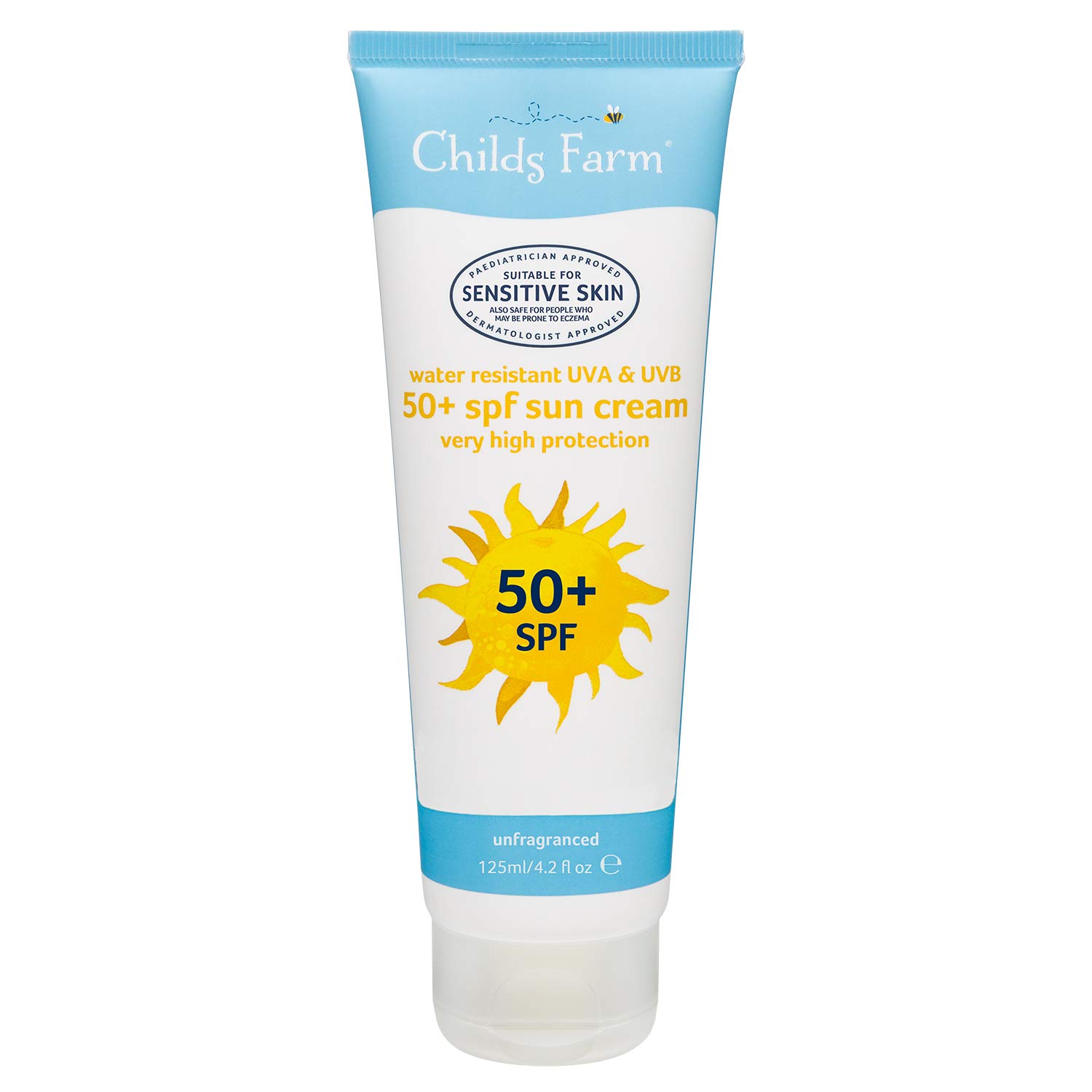 Childs Farm | Kids and Baby Sun Cream SPF 50+ 125ml | Water Resistant UVA & UVB | Very High Protection | Suitable for Dry, Sensitive & Eczema-prone Skin