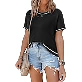 SHEWIN Womens Tops Trendy Short Sleeve Shirts Crewneck Lightweight Knit Sweater Top Business Casual Outfits