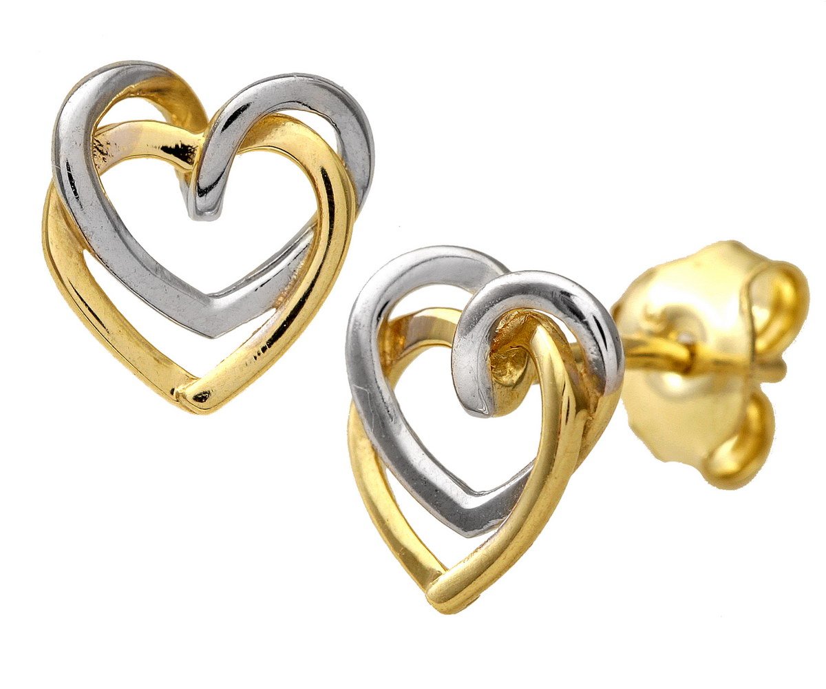 9ct Yellow White Gold Earrings – Double Heart Linked Women’s Stud Earrings - by Elegano